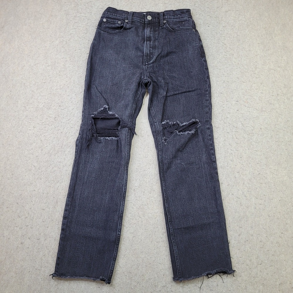 Abercrombie Fitch Ankle Straight Jeans Women 4/27 Black Ultra High Rise Distress